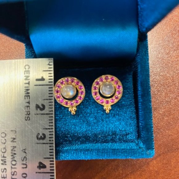 14k Gold, Pink Ruby, and Moon Stone Earrings - Picture 5 of 5